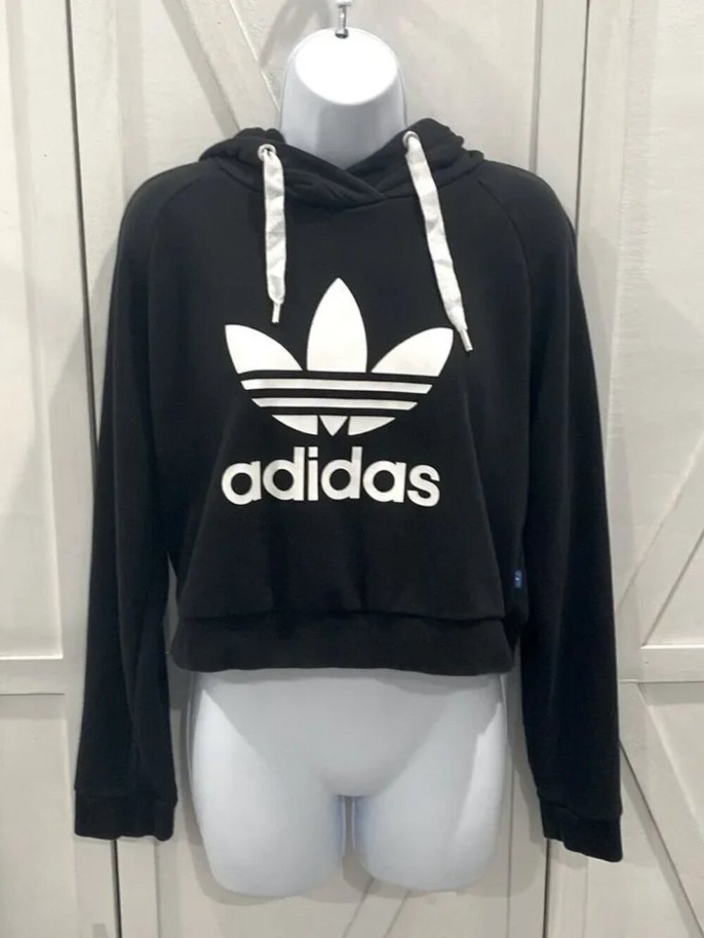 Adidas Crop Top Hoodie Black With White Logo Print Size Large